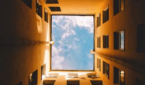 Preview wallpaper building, windows, sky, bottom view