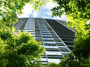 Preview wallpaper building, windows, trees, bottom view