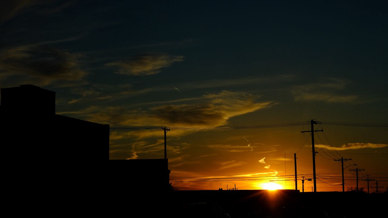 Wallpaper buildings, antennas, sun, sunset, clouds, sky, dark