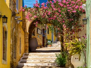 Preview wallpaper buildings, arch, steps, flowers