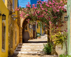 Preview wallpaper buildings, arch, steps, flowers