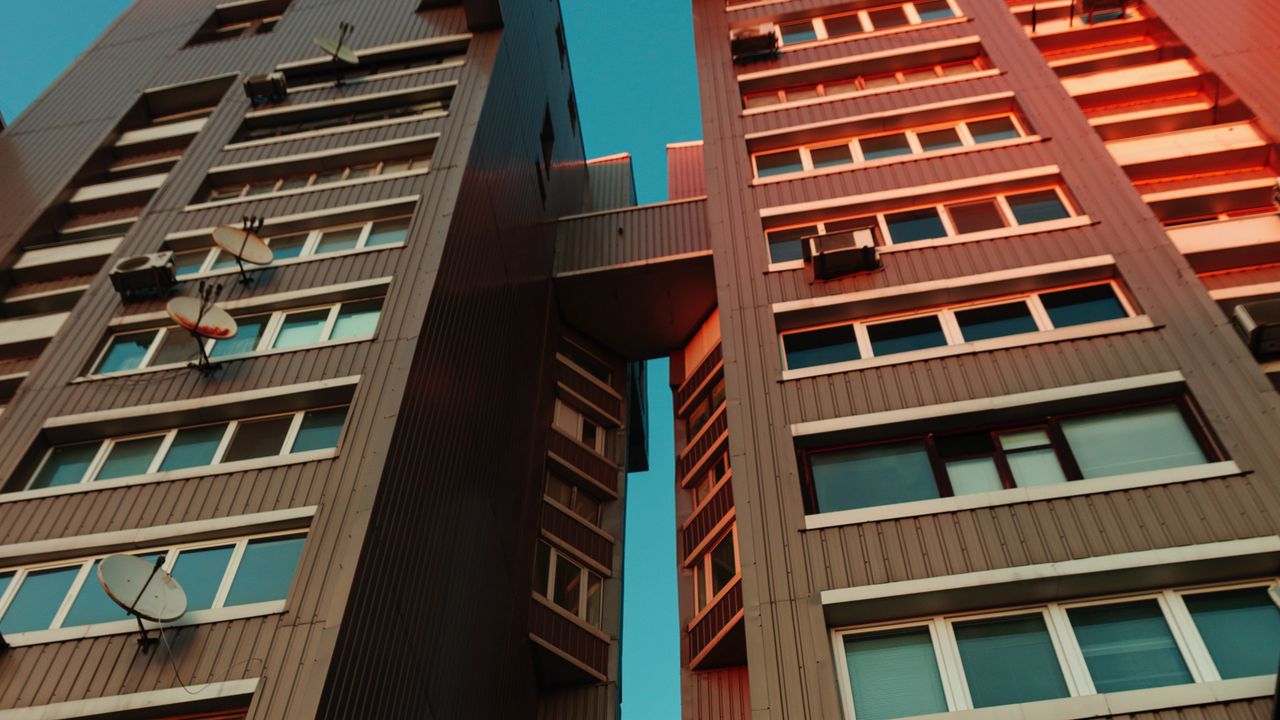 Wallpaper buildings, architecture, bottom view, sunset