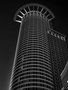 Preview wallpaper buildings, architecture, bottom view, tower, black and white