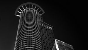 Preview wallpaper buildings, architecture, bottom view, tower, black and white