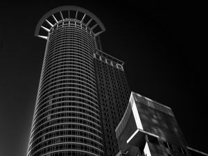 Preview wallpaper buildings, architecture, bottom view, tower, black and white