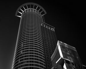 Preview wallpaper buildings, architecture, bottom view, tower, black and white
