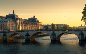 Preview wallpaper buildings, architecture, bridge, river, sunrise