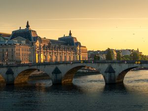 Preview wallpaper buildings, architecture, bridge, river, sunrise