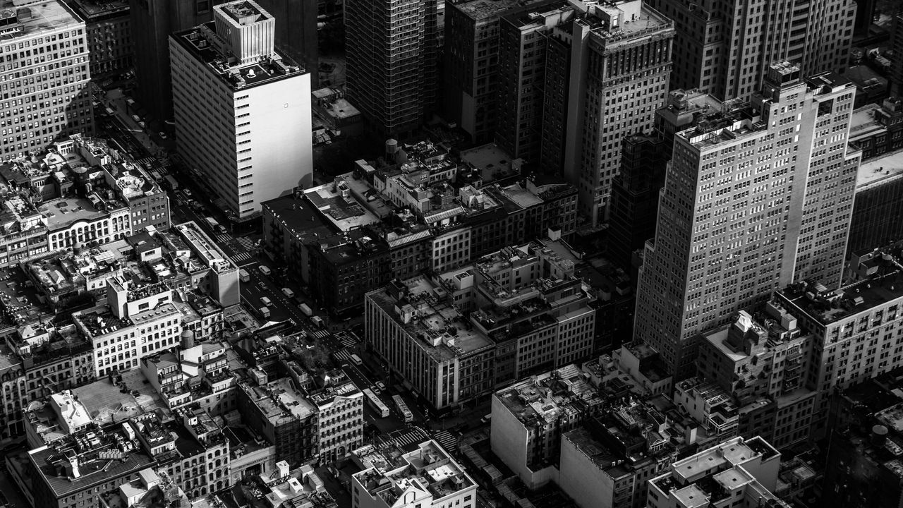 Wallpaper buildings, architecture, city, aerial view, black and white