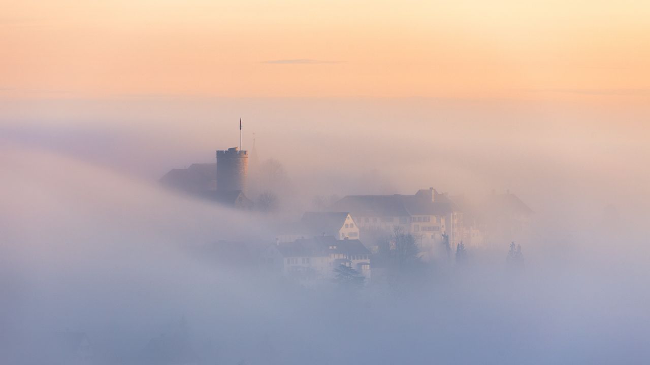 Wallpaper buildings, architecture, fog, clouds