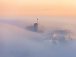 Preview wallpaper buildings, architecture, fog, clouds