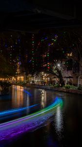 Preview wallpaper buildings, architecture, lights, glow, garlands, river