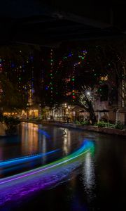 Preview wallpaper buildings, architecture, lights, glow, garlands, river