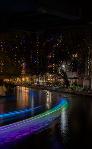 Preview wallpaper buildings, architecture, lights, glow, garlands, river