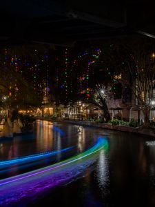 Preview wallpaper buildings, architecture, lights, glow, garlands, river