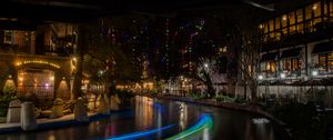 Preview wallpaper buildings, architecture, lights, glow, garlands, river