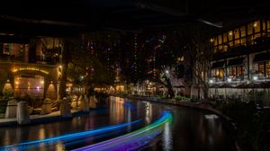 Preview wallpaper buildings, architecture, lights, glow, garlands, river