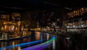 Preview wallpaper buildings, architecture, lights, glow, garlands, river