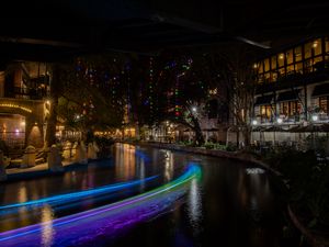 Preview wallpaper buildings, architecture, lights, glow, garlands, river