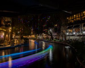 Preview wallpaper buildings, architecture, lights, glow, garlands, river