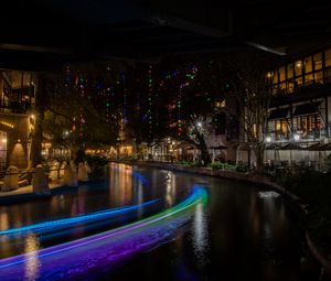 Preview wallpaper buildings, architecture, lights, glow, garlands, river