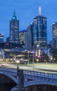 Preview wallpaper buildings, architecture, lights, glow, bridge, city