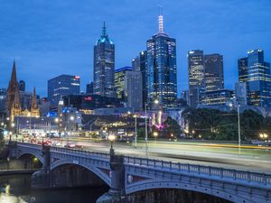 Preview wallpaper buildings, architecture, lights, glow, bridge, city