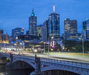 Preview wallpaper buildings, architecture, lights, glow, bridge, city