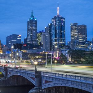 Preview wallpaper buildings, architecture, lights, glow, bridge, city