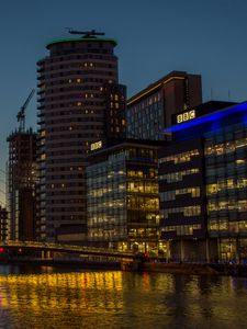 Preview wallpaper buildings, architecture, lights, embankment, night, bridge