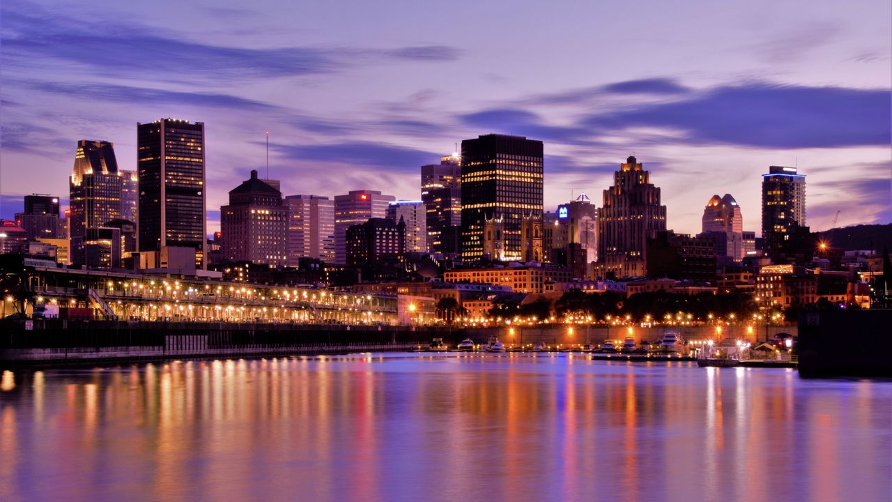 Wallpaper buildings, architecture, lights, lake, evening, city