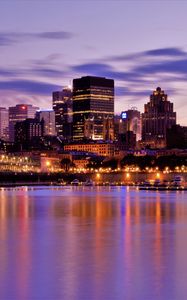 Preview wallpaper buildings, architecture, lights, lake, evening, city
