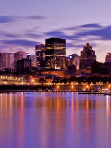 Preview wallpaper buildings, architecture, lights, lake, evening, city