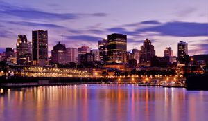 Preview wallpaper buildings, architecture, lights, lake, evening, city