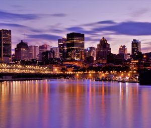 Preview wallpaper buildings, architecture, lights, lake, evening, city