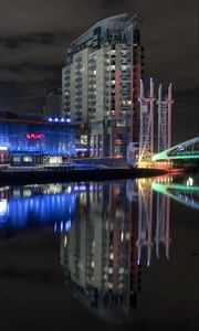 Preview wallpaper buildings, architecture, neon, water, reflection, dark