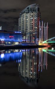 Preview wallpaper buildings, architecture, neon, water, reflection, dark