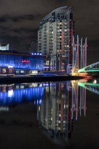Preview wallpaper buildings, architecture, neon, water, reflection, dark