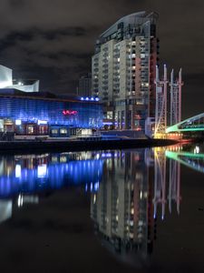 Preview wallpaper buildings, architecture, neon, water, reflection, dark