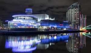 Preview wallpaper buildings, architecture, neon, water, reflection, dark