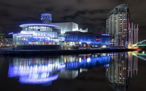 Preview wallpaper buildings, architecture, neon, water, reflection, dark