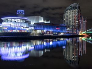Preview wallpaper buildings, architecture, neon, water, reflection, dark