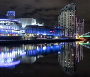 Preview wallpaper buildings, architecture, neon, water, reflection, dark