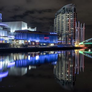 Preview wallpaper buildings, architecture, neon, water, reflection, dark