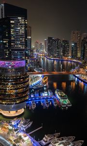 Preview wallpaper buildings, architecture, pier, yachts, neon, lights, city