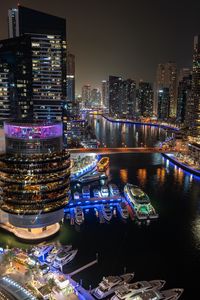 Preview wallpaper buildings, architecture, pier, yachts, neon, lights, city
