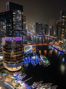 Preview wallpaper buildings, architecture, pier, yachts, neon, lights, city