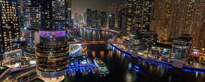 Preview wallpaper buildings, architecture, pier, yachts, neon, lights, city