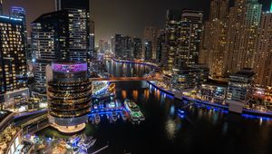 Preview wallpaper buildings, architecture, pier, yachts, neon, lights, city