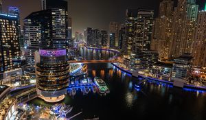 Preview wallpaper buildings, architecture, pier, yachts, neon, lights, city